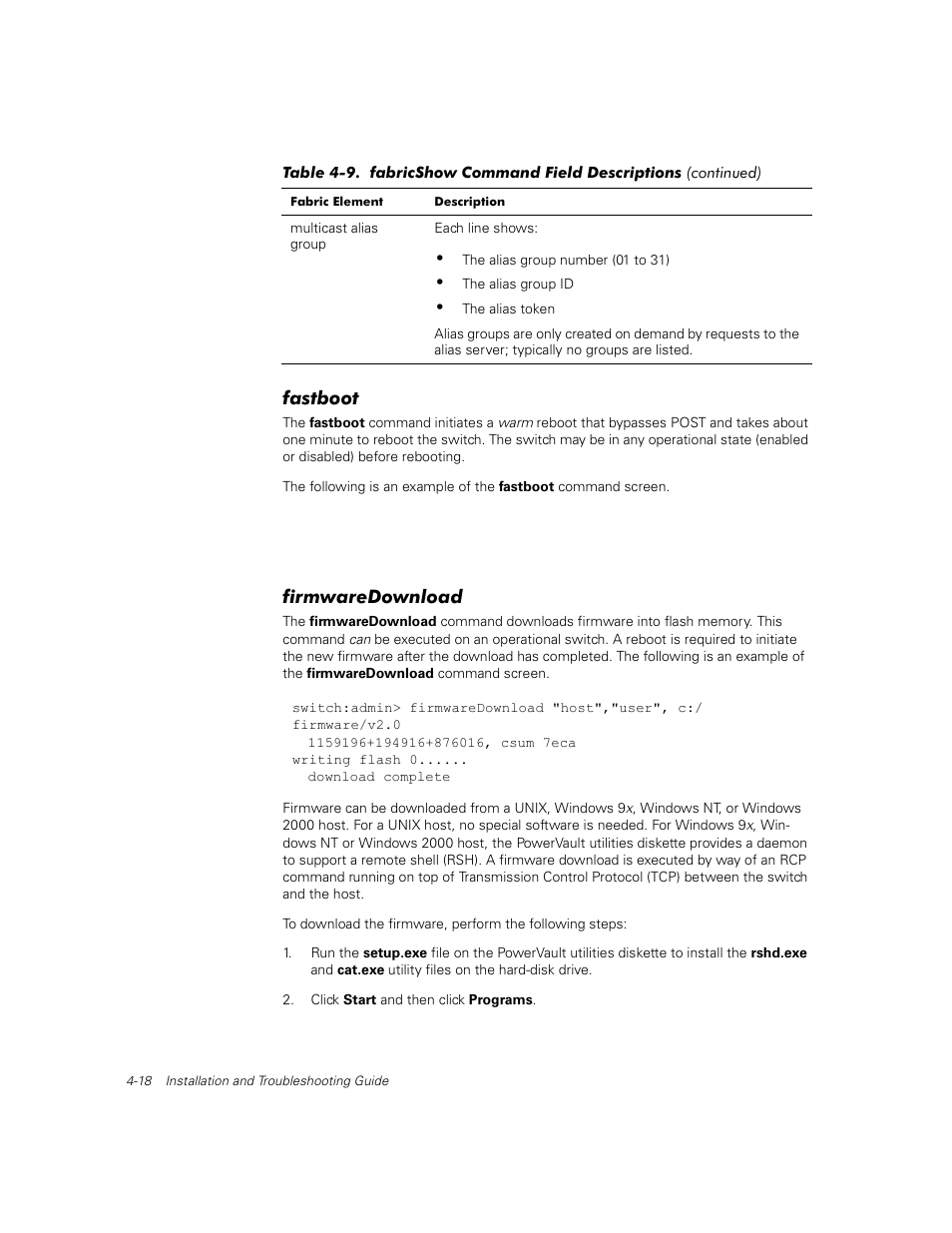 Fastboot, Firmwaredownload, Fastboot -18 | Firmwaredownload -18 | Dell PowerVault 56F (16P Fibre Channel Switch) User Manual | Page 74 / 172