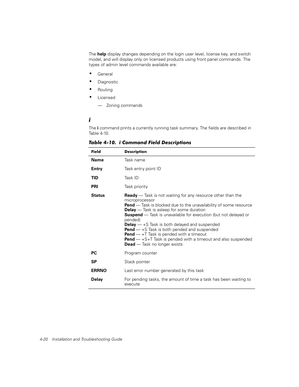 I -20, Table 4-10, I command field descriptions -20 | Dell PowerVault 56F (16P Fibre Channel Switch) User Manual | Page 76 / 172