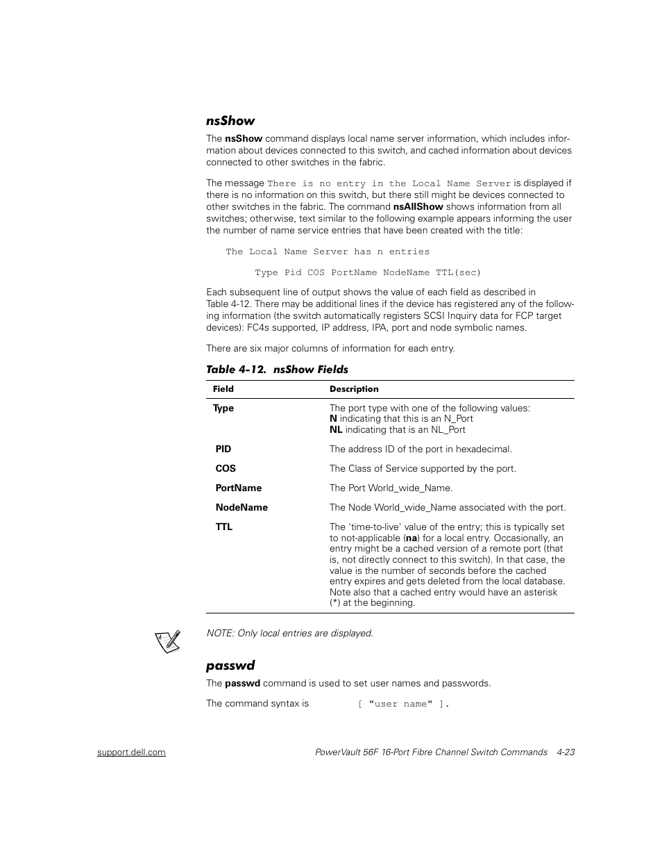 Nsshow, Passwd, Nsshow -23 | Passwd -23, Table 4-12, Nsshow fields -23 | Dell PowerVault 56F (16P Fibre Channel Switch) User Manual | Page 79 / 172