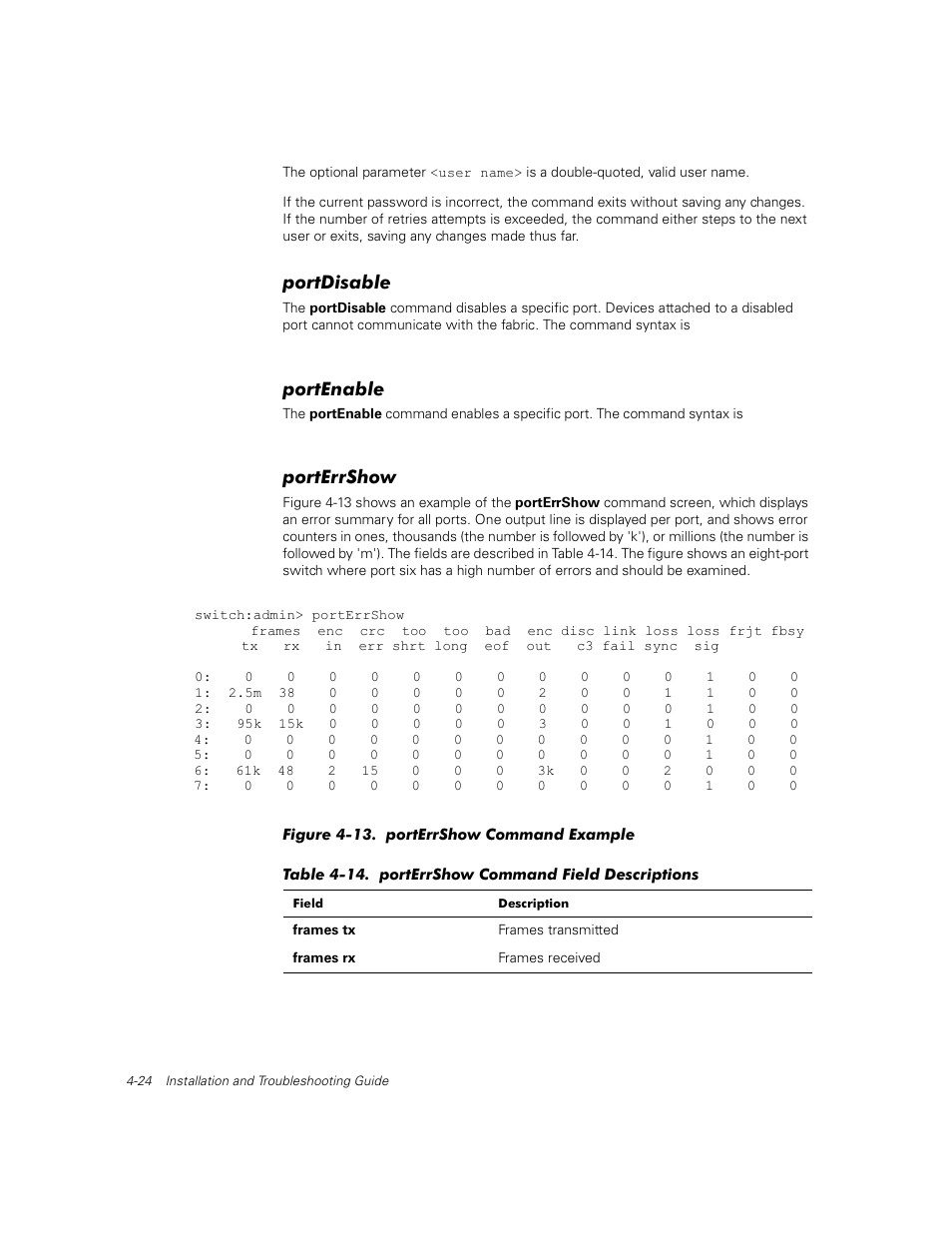 Portdisable, Portenable, Porterrshow | Portdisable -24, Portenable -24, Porterrshow -24, Figure 4-13. porterrshow command example -24, Table 4-14, Porterrshow command field descriptions -24 | Dell PowerVault 56F (16P Fibre Channel Switch) User Manual | Page 80 / 172