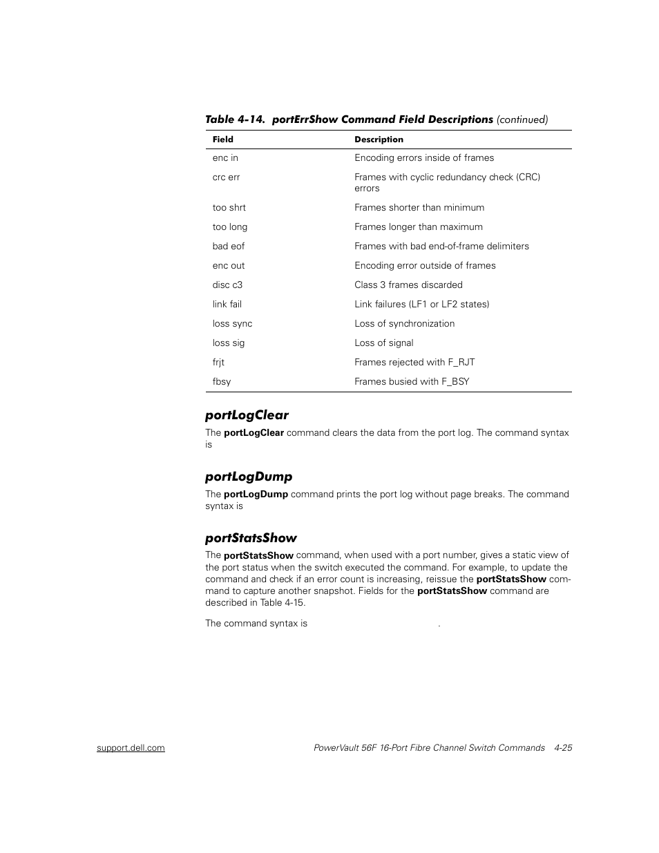 Portlogclear, Portlogdump, Portstatsshow | Portlogclear -25, Portlogdump -25, Portstatsshow -25 | Dell PowerVault 56F (16P Fibre Channel Switch) User Manual | Page 81 / 172