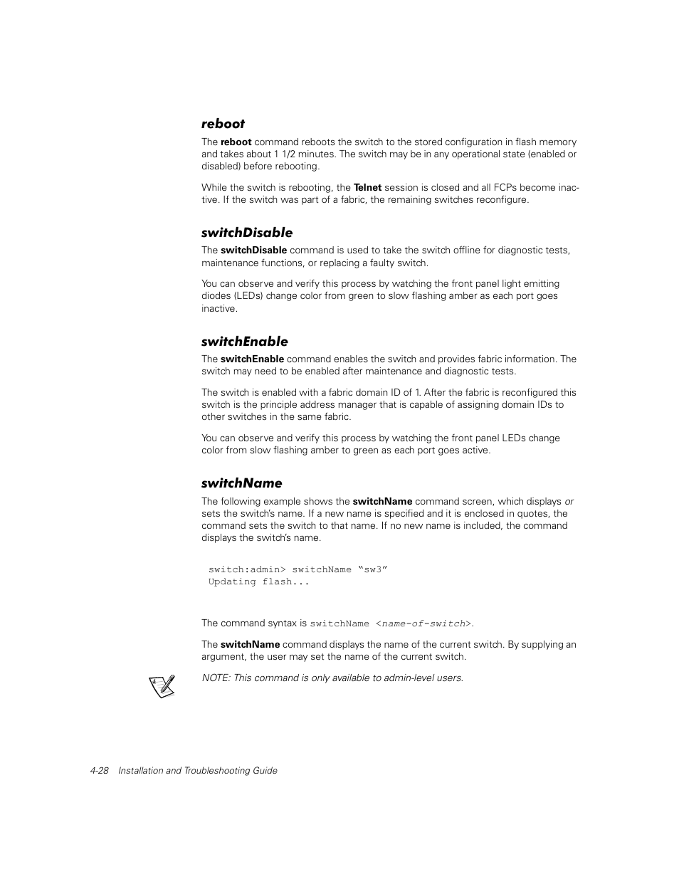 Reboot, Switchdisable, Switchenable | Switchname, Reboot -28, Switchdisable -28, Switchenable -28, Switchname -28, Central memory test -6 | Dell PowerVault 56F (16P Fibre Channel Switch) User Manual | Page 84 / 172