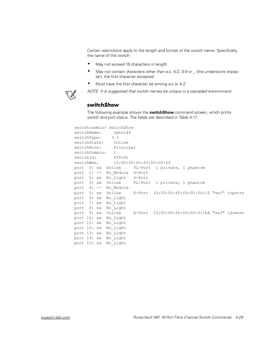 Switchshow, Switchshow -29 | Dell PowerVault 56F (16P Fibre Channel Switch) User Manual | Page 85 / 172