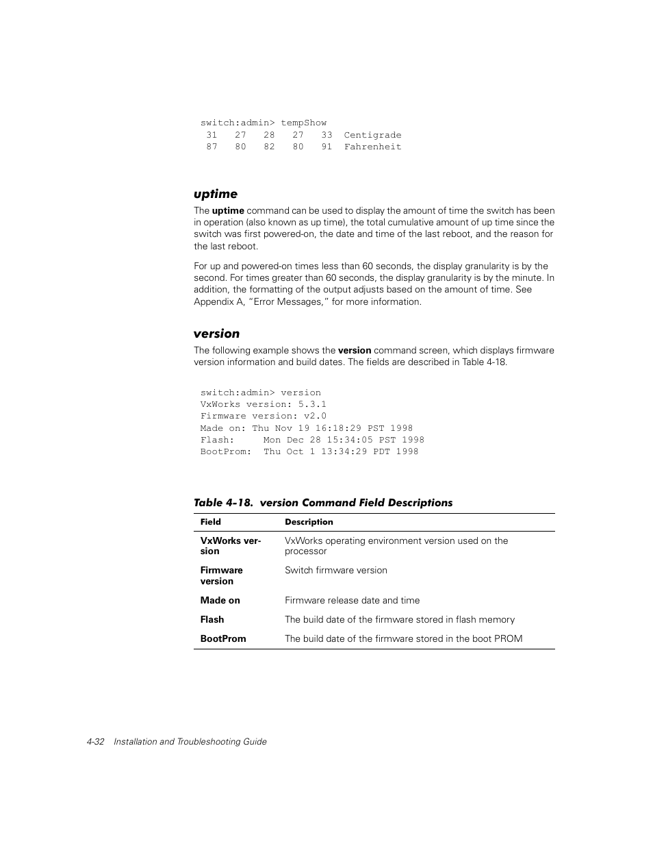 Uptime, Version, Uptime -32 | Version -32, Table 4-18, Version command field descriptions -32 | Dell PowerVault 56F (16P Fibre Channel Switch) User Manual | Page 88 / 172