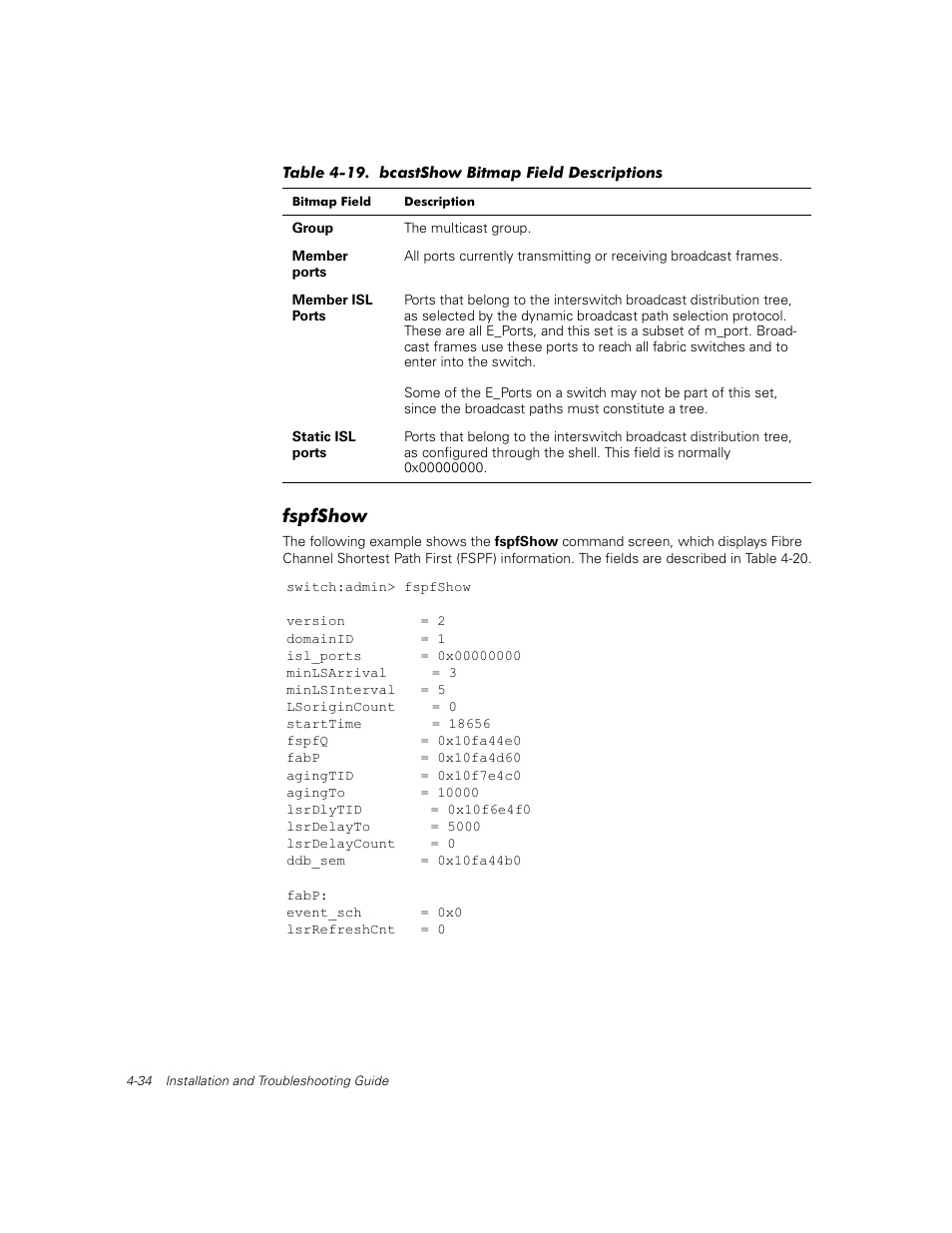 Fspfshow, Fspfshow -34, Table 4-19 | Bcastshow bitmap field descriptions -34 | Dell PowerVault 56F (16P Fibre Channel Switch) User Manual | Page 90 / 172