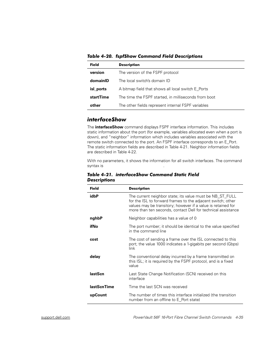 Interfaceshow, Interfaceshow -35, Table 4-20 | Fspfshow command field descriptions -35, Table 4-21 | Dell PowerVault 56F (16P Fibre Channel Switch) User Manual | Page 91 / 172