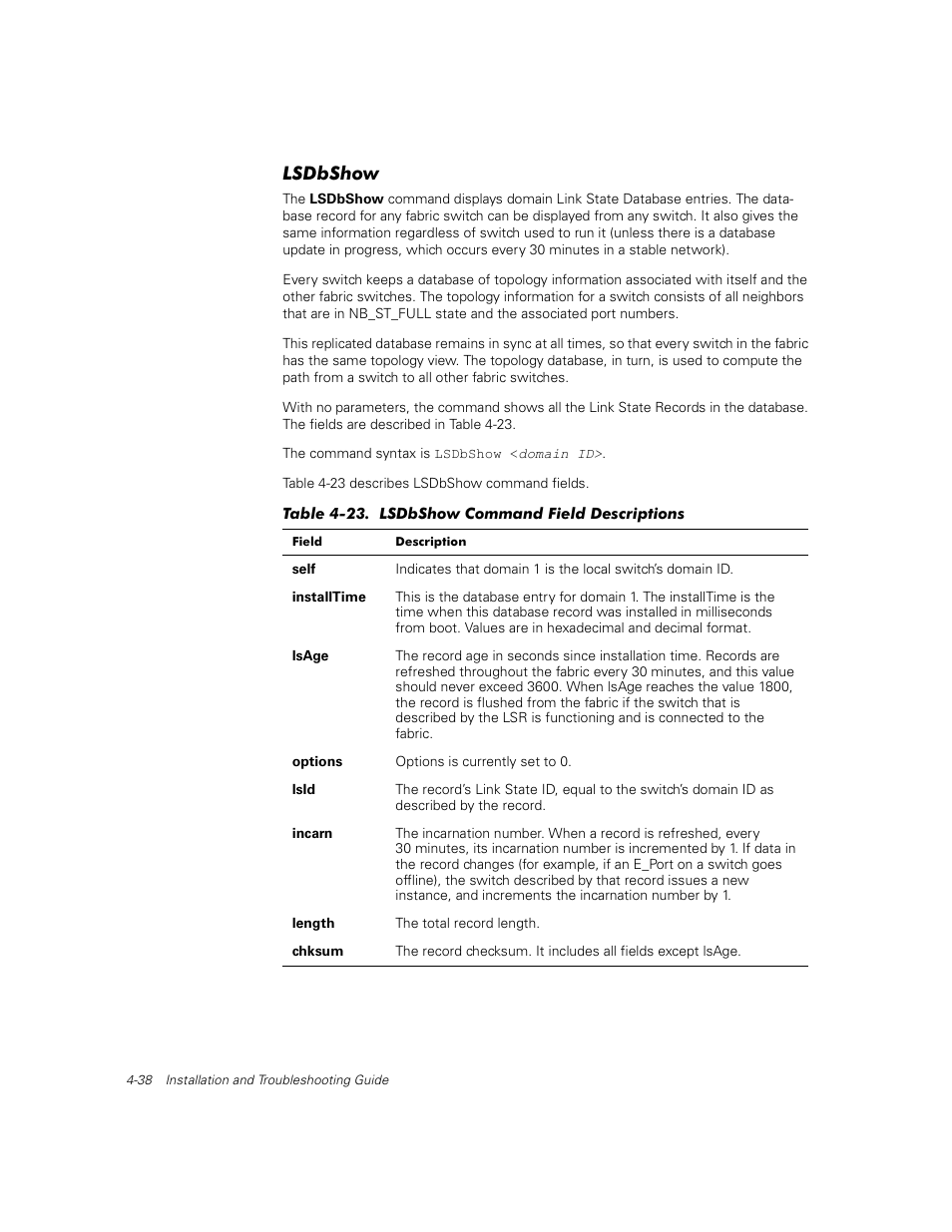 Lsdbshow, Lsdbshow -38, Table 4-23 | Lsdbshow command field descriptions -38 | Dell PowerVault 56F (16P Fibre Channel Switch) User Manual | Page 94 / 172