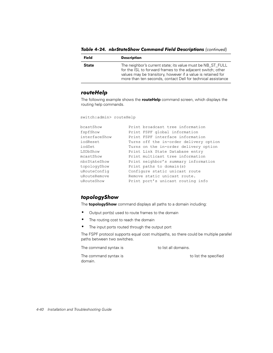 Routehelp, Topologyshow, Routehelp -40 | Topologyshow -40 | Dell PowerVault 56F (16P Fibre Channel Switch) User Manual | Page 96 / 172