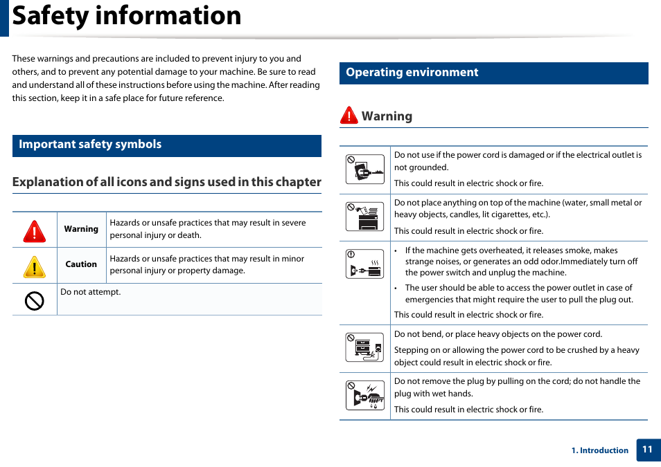 Safety information, Warning, Important safety symbols | Operating environment | Dell B1163 Multifunction Mono Laser Printer User Manual | Page 11 / 204