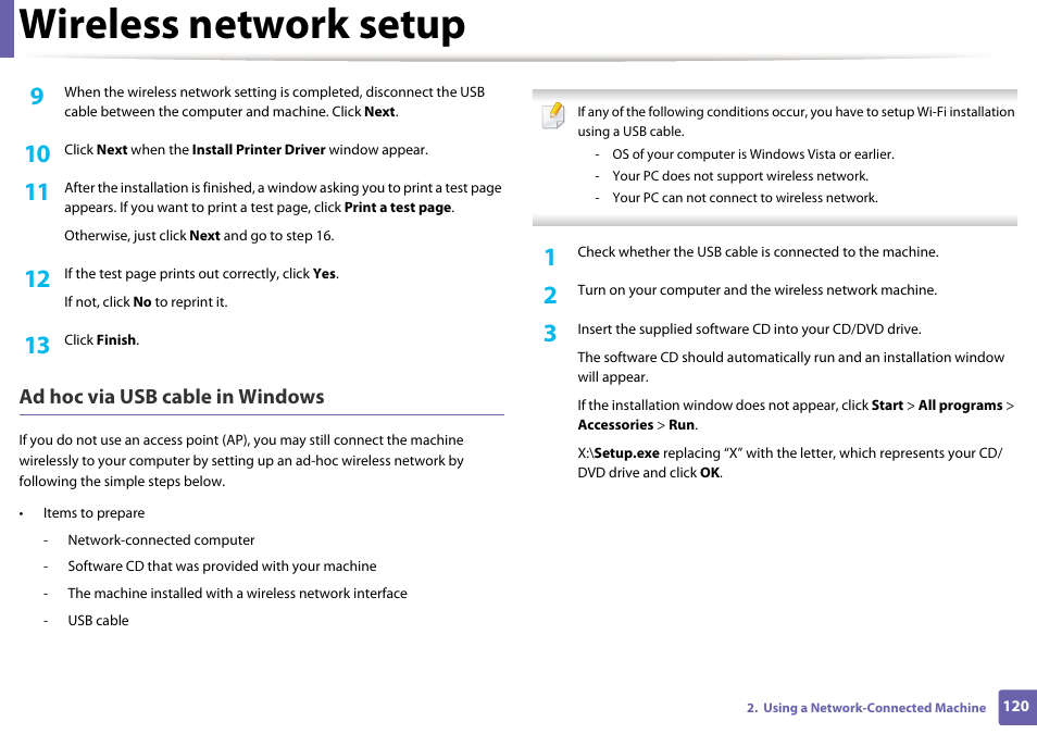 Wireless network setup, Ad hoc via usb cable in windows | Dell B1163 Multifunction Mono Laser Printer User Manual | Page 120 / 204