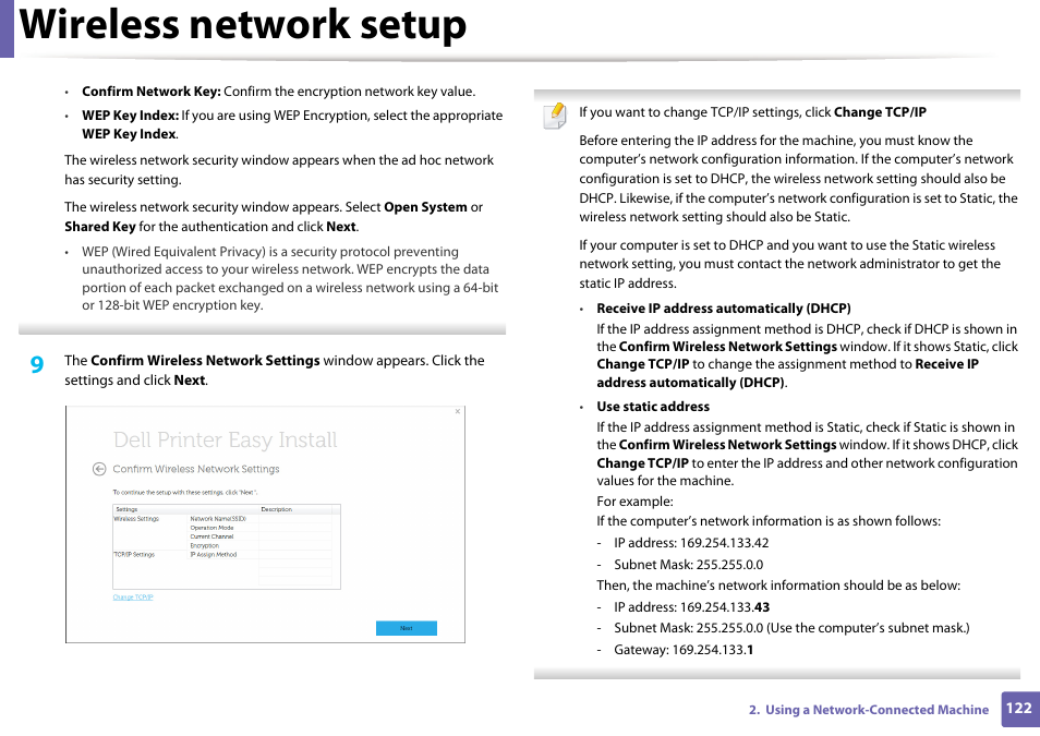 Wireless network setup | Dell B1163 Multifunction Mono Laser Printer User Manual | Page 122 / 204