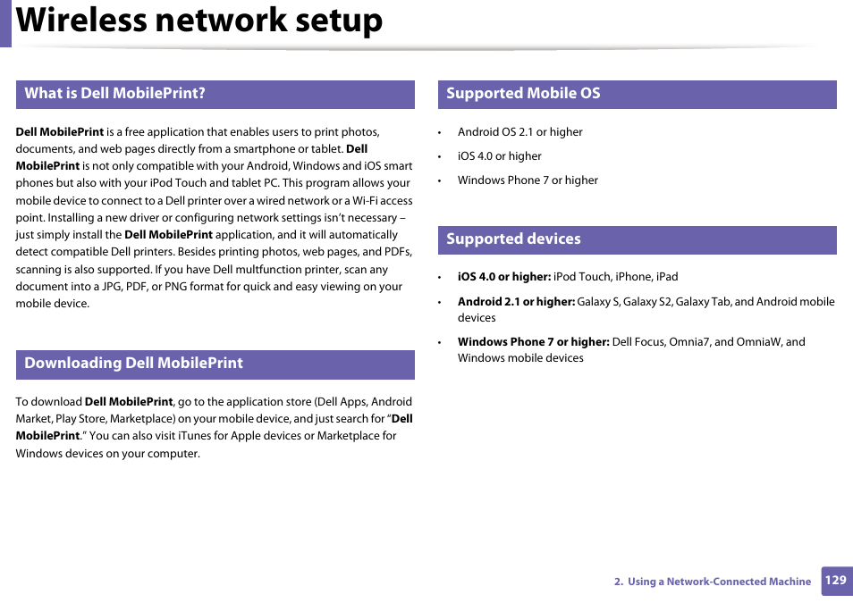 Wireless network setup, What is dell mobileprint, Downloading dell mobileprint | Supported mobile os, Supported devices | Dell B1163 Multifunction Mono Laser Printer User Manual | Page 129 / 204