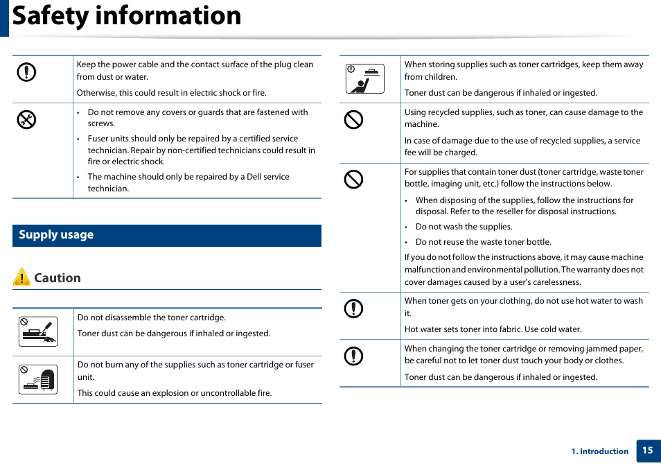 Safety information, Caution, Supply usage | Dell B1163 Multifunction Mono Laser Printer User Manual | Page 15 / 204