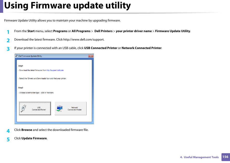 Using firmware update utility | Dell B1163 Multifunction Mono Laser Printer User Manual | Page 156 / 204