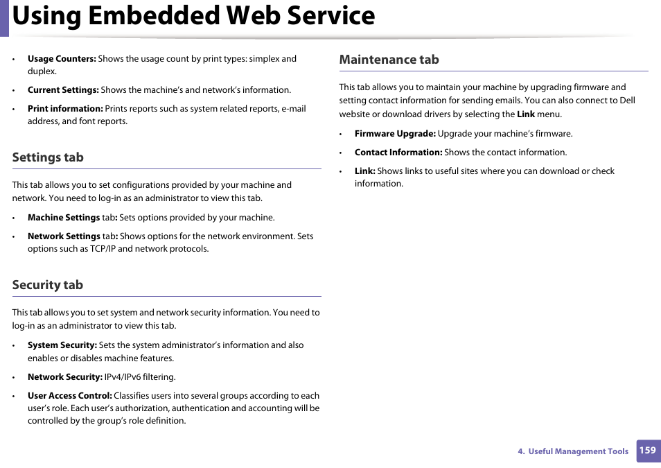 Using embedded web service, Settings tab, Security tab | Maintenance tab | Dell B1163 Multifunction Mono Laser Printer User Manual | Page 159 / 204