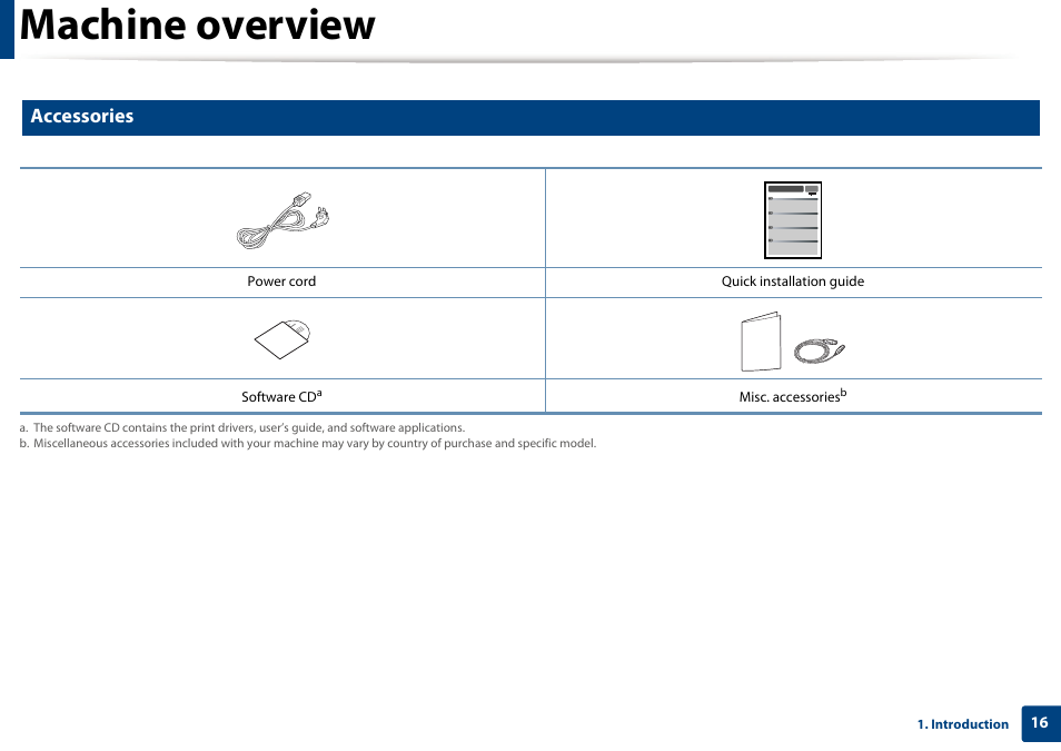 Machine overview, Accessories | Dell B1163 Multifunction Mono Laser Printer User Manual | Page 16 / 204