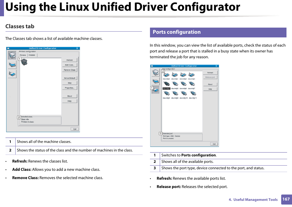 Using the linux unified driver configurator, Classes tab, Ports configuration | Dell B1163 Multifunction Mono Laser Printer User Manual | Page 167 / 204