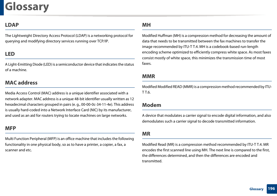Glossary, Ldap, Mac address | Modem | Dell B1163 Multifunction Mono Laser Printer User Manual | Page 196 / 204