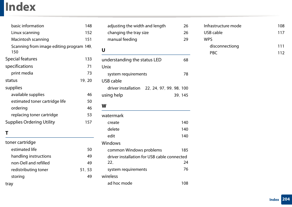 Index | Dell B1163 Multifunction Mono Laser Printer User Manual | Page 204 / 204