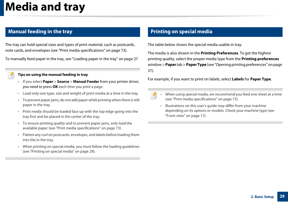 Media and tray, Manual feeding in the tray, Printing on special media | Dell B1163 Multifunction Mono Laser Printer User Manual | Page 29 / 204