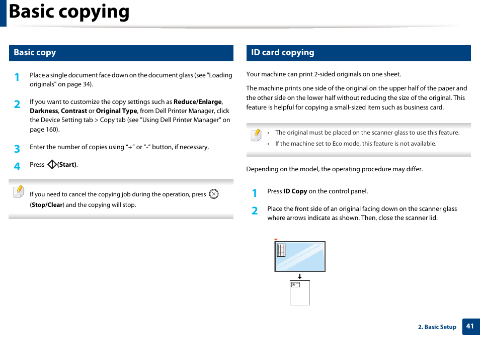 Basic copying, Basic copy, Id card copying | Dell B1163 Multifunction Mono Laser Printer User Manual | Page 41 / 204
