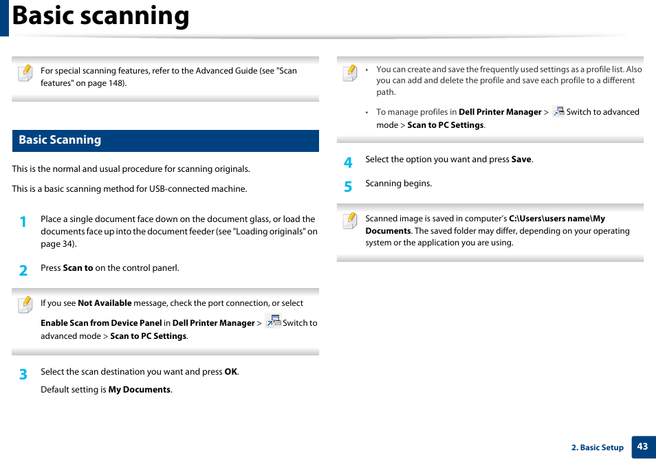 Basic scanning | Dell B1163 Multifunction Mono Laser Printer User Manual | Page 43 / 204