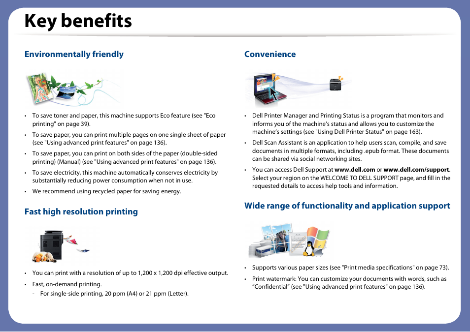 Key benefits, Environmentally friendly, Fast high resolution printing | Convenience | Dell B1163 Multifunction Mono Laser Printer User Manual | Page 5 / 204