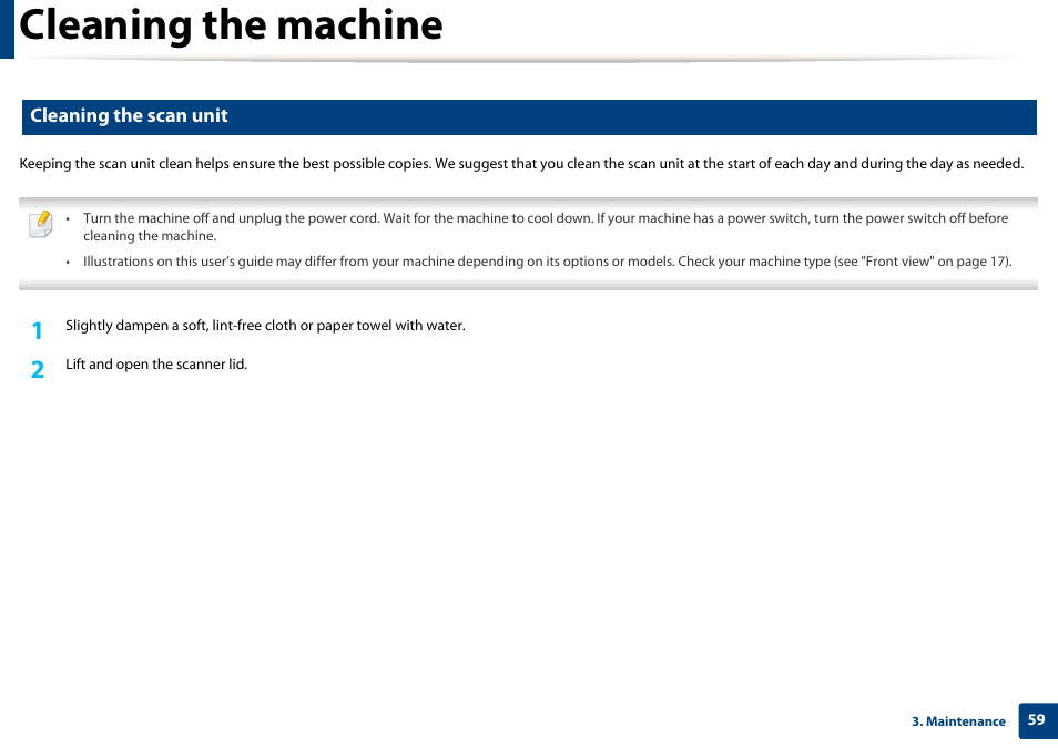 Cleaning the machine, Cleaning the scan unit | Dell B1163 Multifunction Mono Laser Printer User Manual | Page 59 / 204