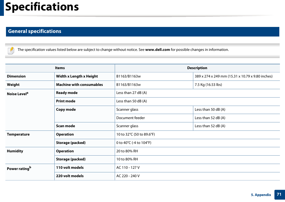 Specifications, General specifications | Dell B1163 Multifunction Mono Laser Printer User Manual | Page 71 / 204