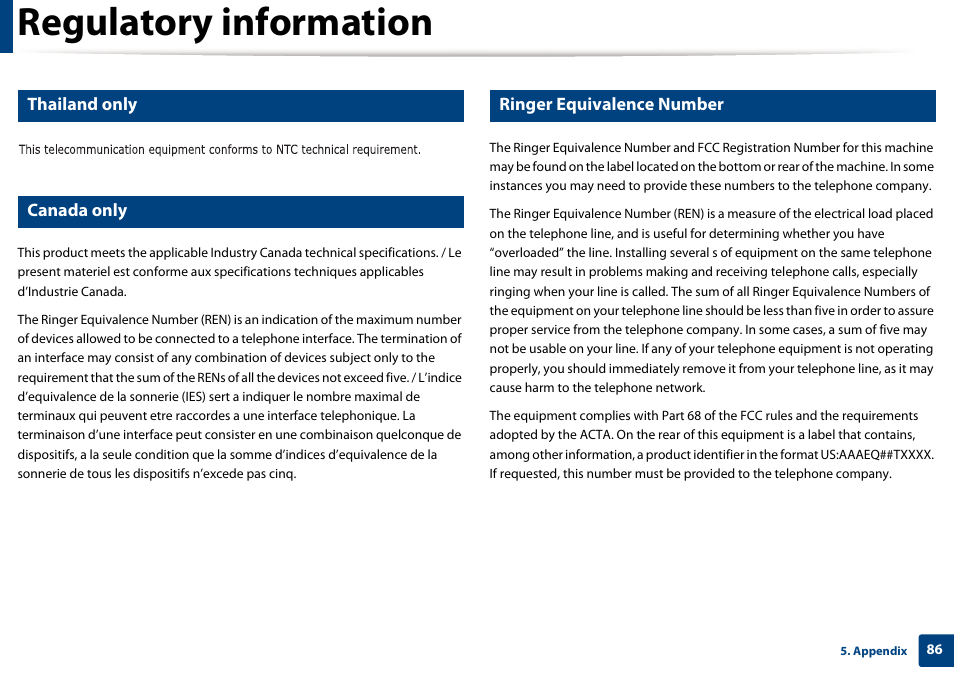Regulatory information, Thailand only, Canada only | Ringer equivalence number | Dell B1163 Multifunction Mono Laser Printer User Manual | Page 86 / 204