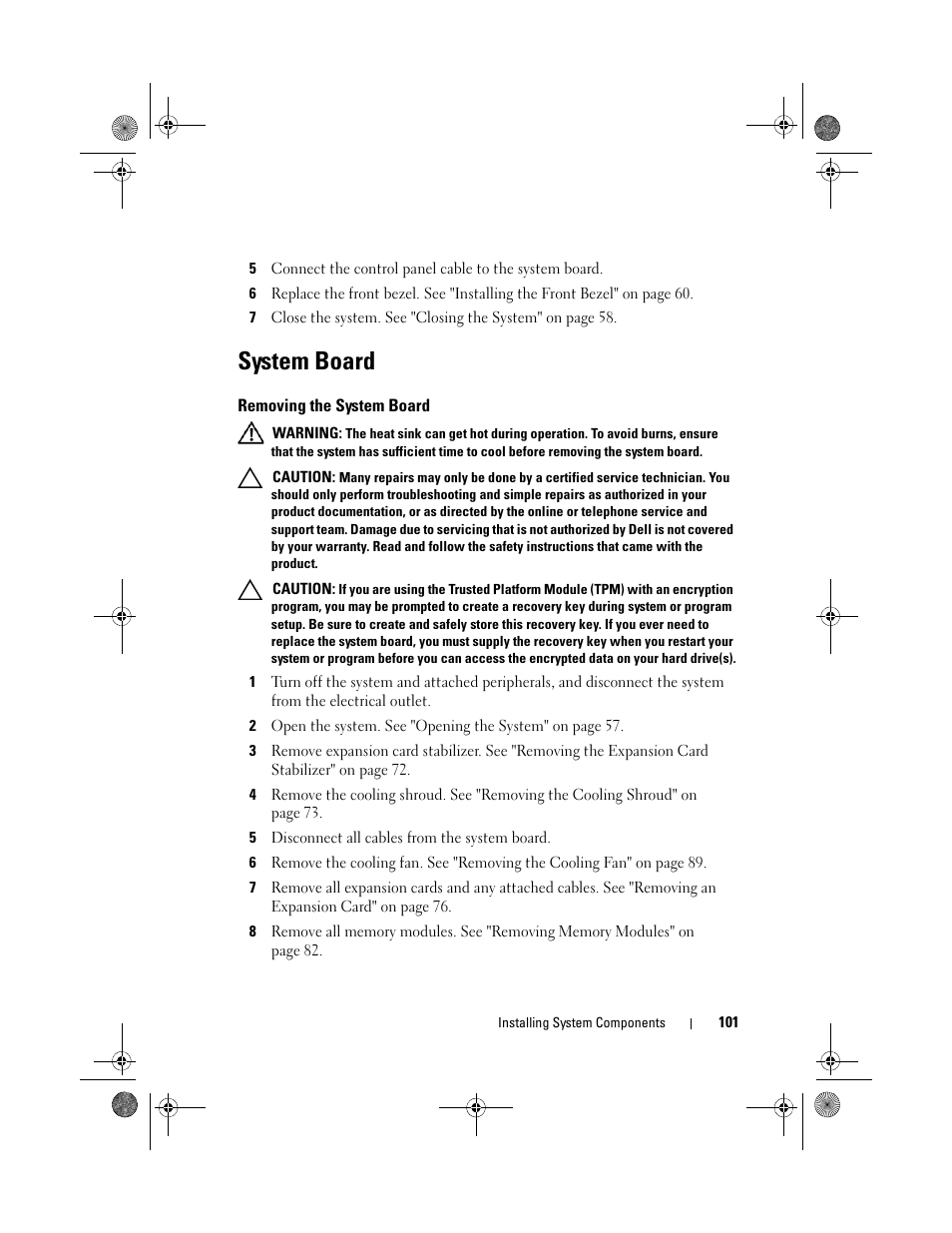 System board, Removing the system board | Dell PowerEdge T110 User Manual | Page 101 / 144