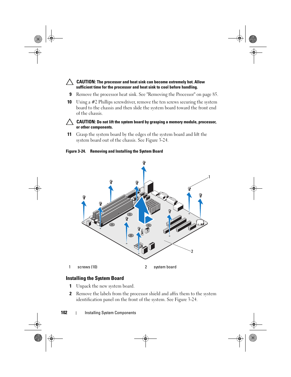 Installing the system board | Dell PowerEdge T110 User Manual | Page 102 / 144