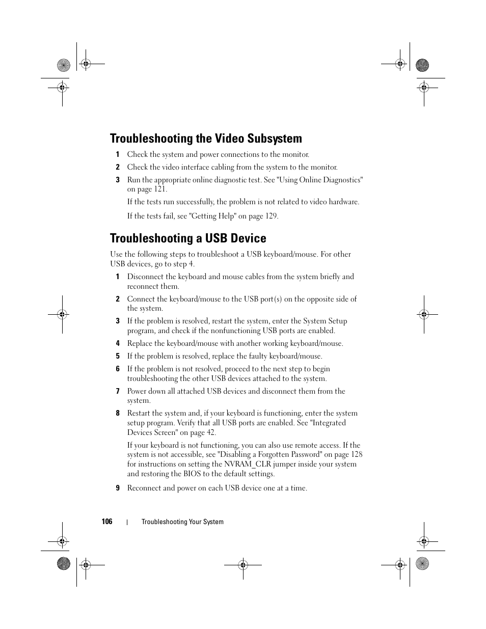 Troubleshooting the video subsystem, Troubleshooting a usb device | Dell PowerEdge T110 User Manual | Page 106 / 144