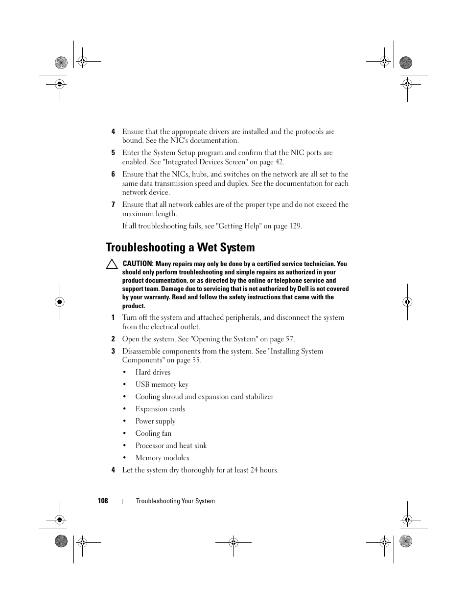 Troubleshooting a wet system | Dell PowerEdge T110 User Manual | Page 108 / 144