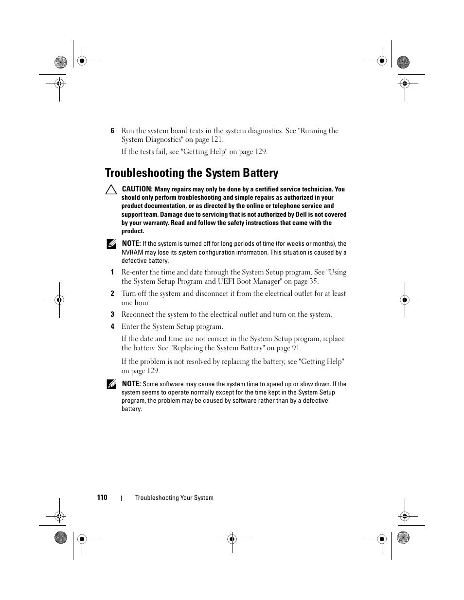 Troubleshooting the system battery | Dell PowerEdge T110 User Manual | Page 110 / 144
