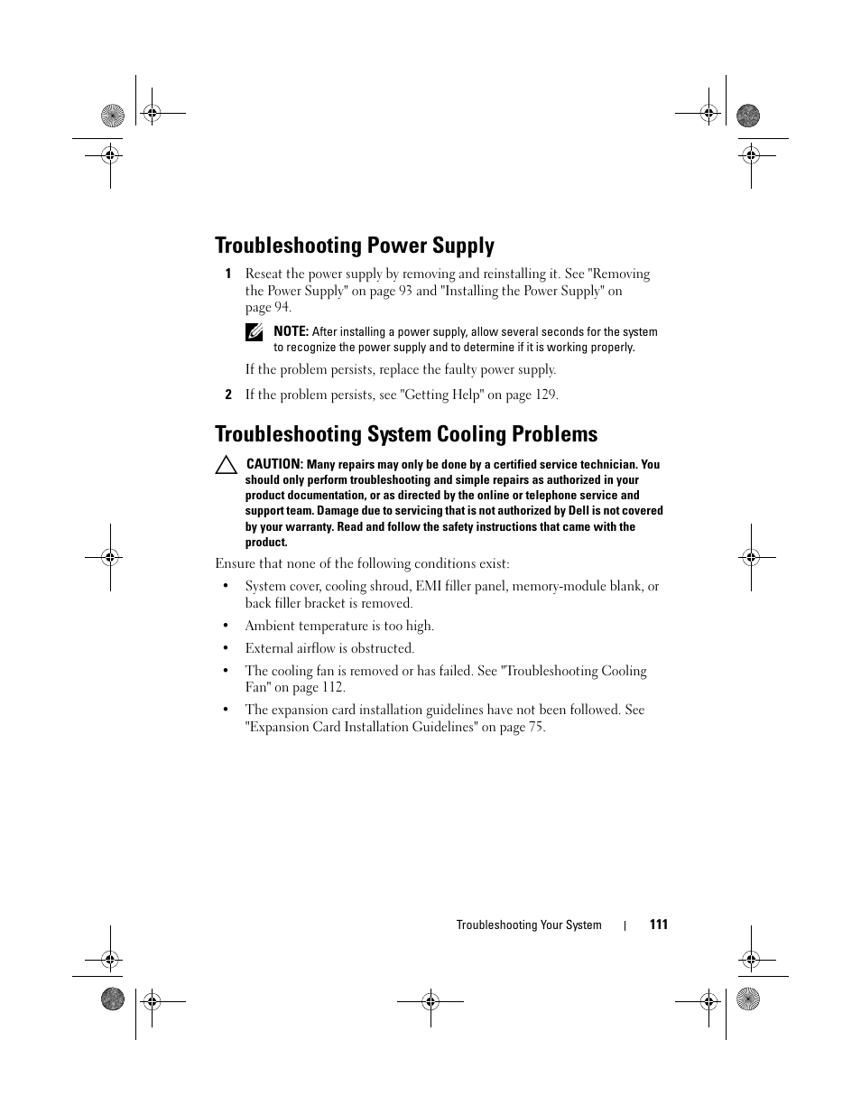 Troubleshooting power supply, Troubleshooting system cooling problems | Dell PowerEdge T110 User Manual | Page 111 / 144