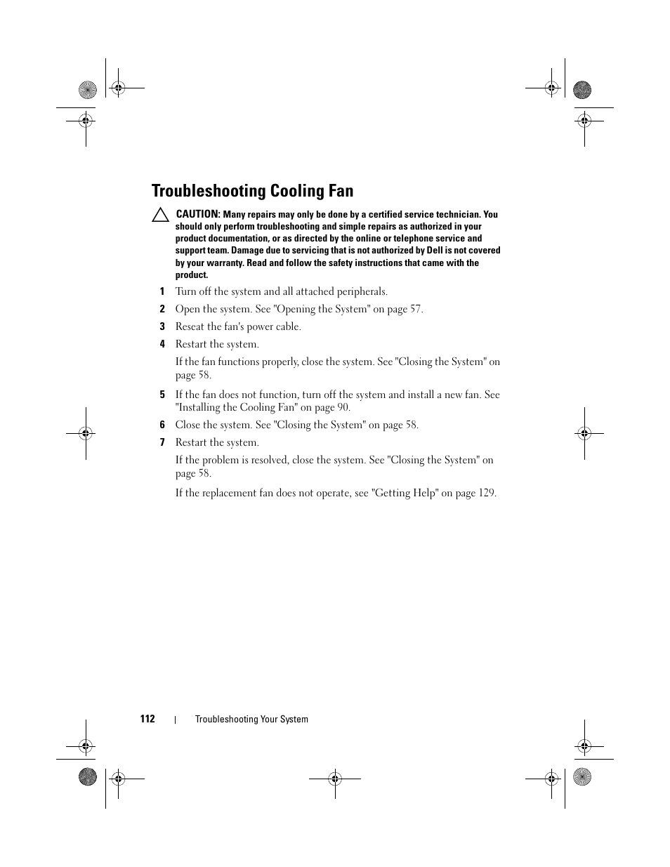 Troubleshooting cooling fan | Dell PowerEdge T110 User Manual | Page 112 / 144