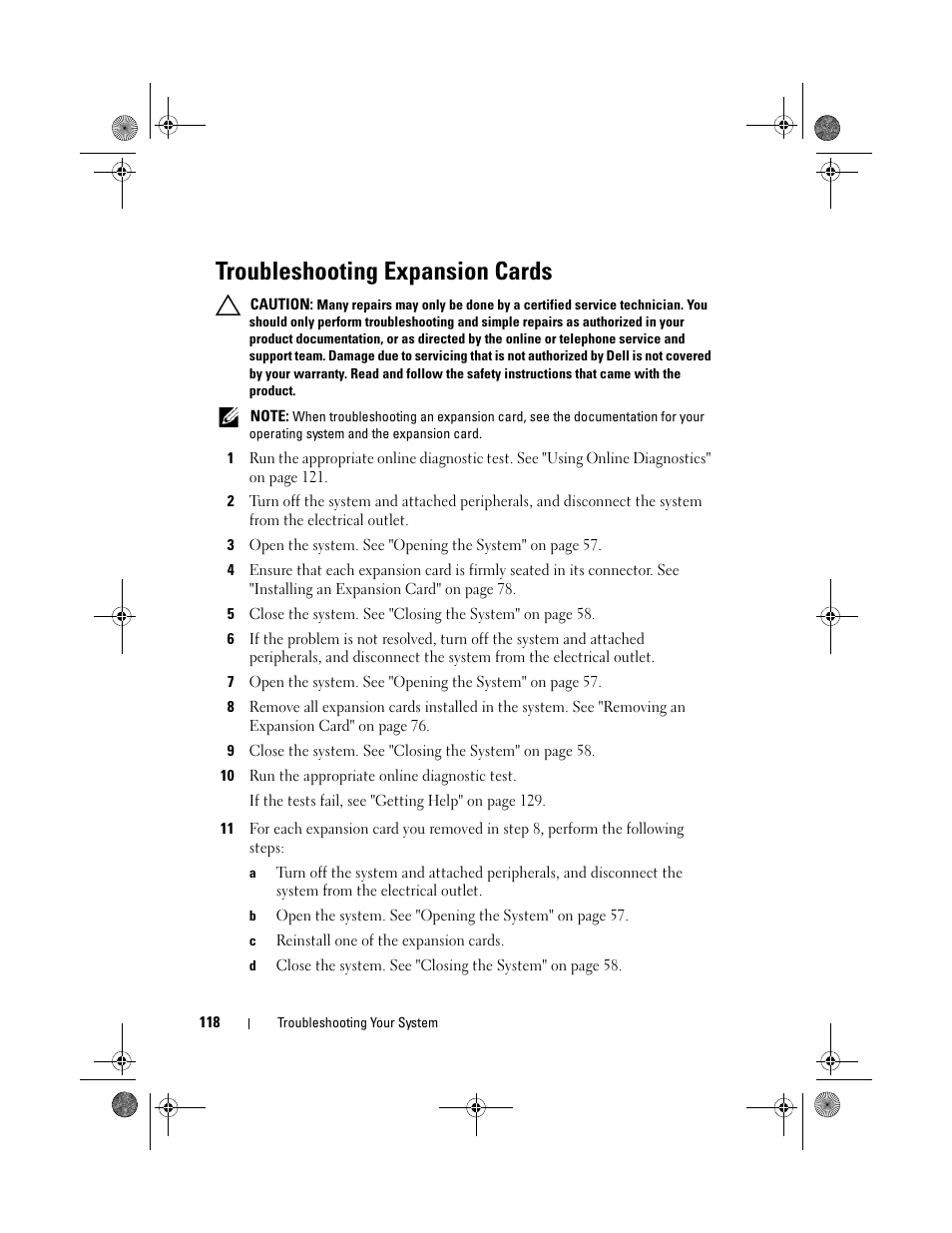 Troubleshooting expansion cards | Dell PowerEdge T110 User Manual | Page 118 / 144