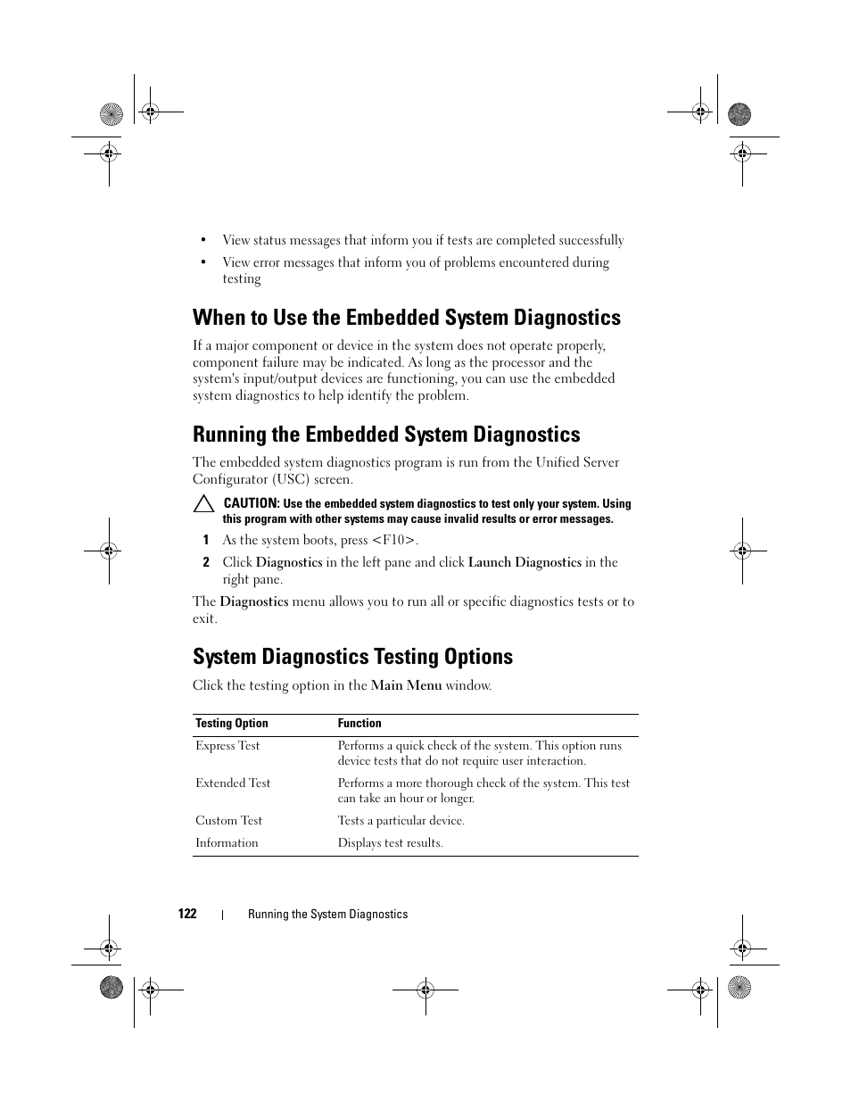 When to use the embedded system diagnostics, Running the embedded system diagnostics, System diagnostics testing options | Dell PowerEdge T110 User Manual | Page 122 / 144