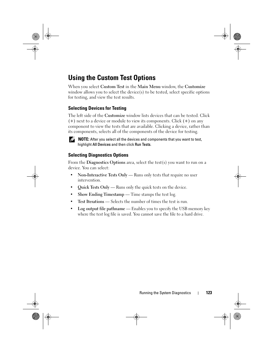 Using the custom test options, Selecting devices for testing, Selecting diagnostics options | Dell PowerEdge T110 User Manual | Page 123 / 144