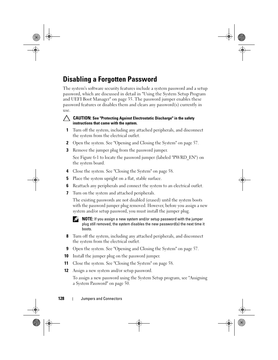 Disabling a forgotten password | Dell PowerEdge T110 User Manual | Page 128 / 144