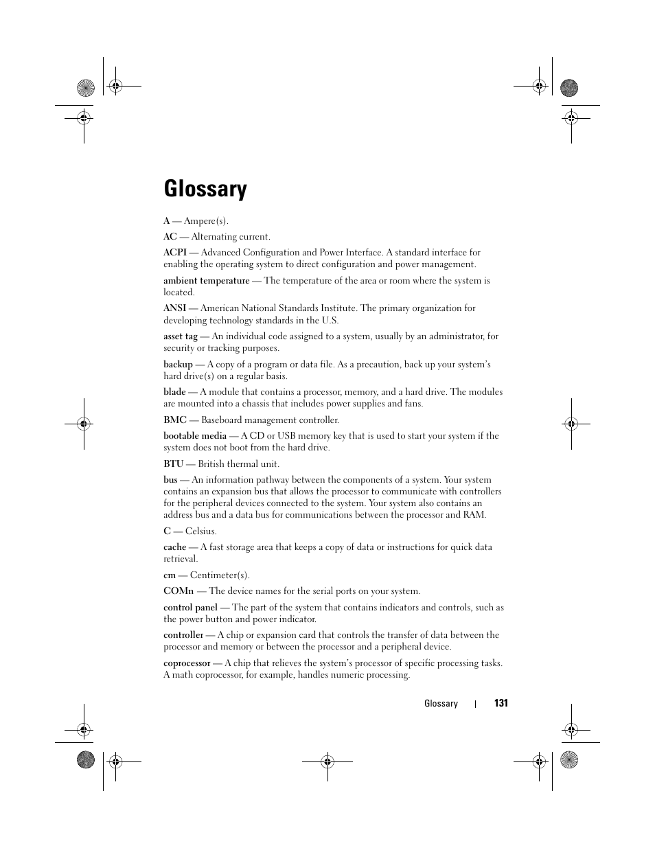 Glossary, E "glossary | Dell PowerEdge T110 User Manual | Page 131 / 144