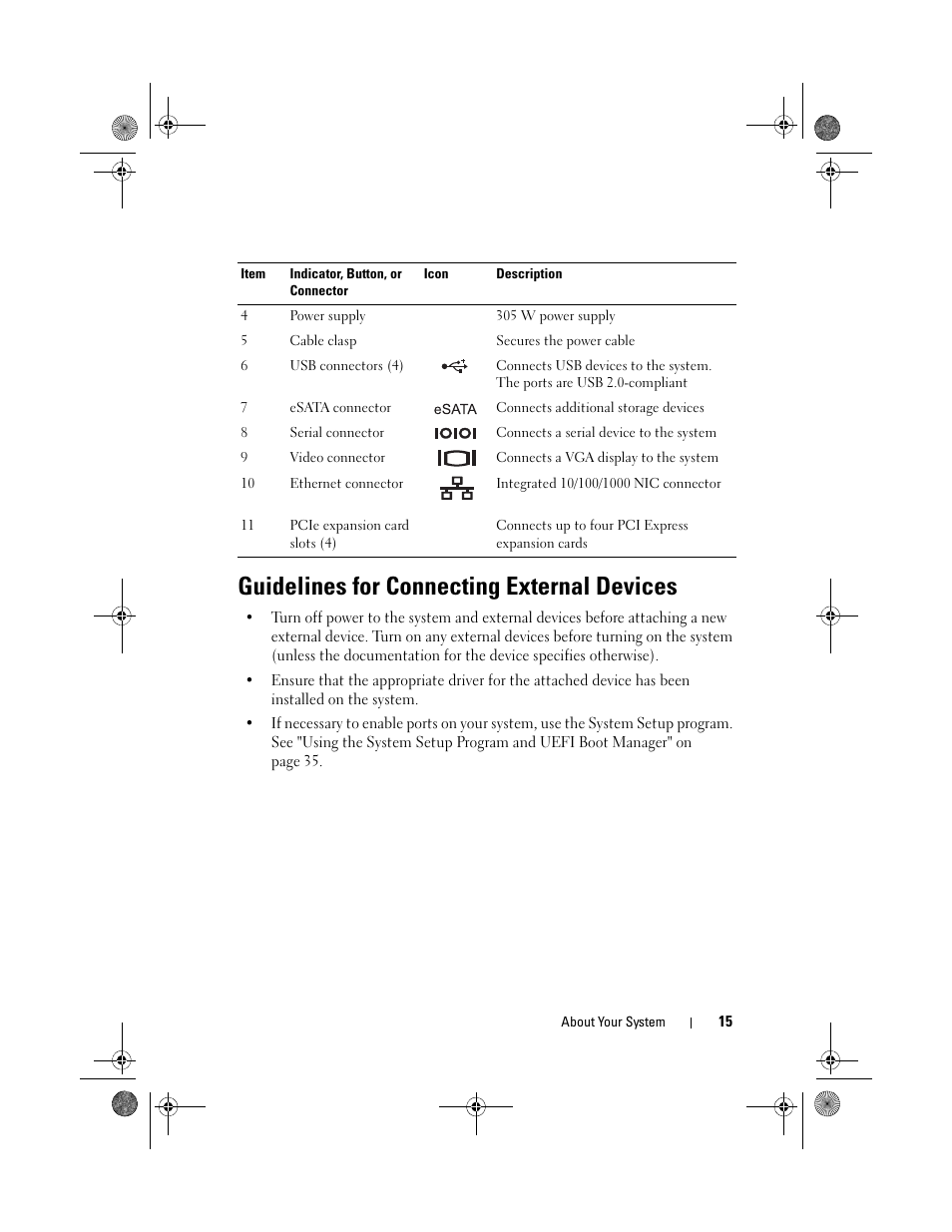 Guidelines for connecting external devices | Dell PowerEdge T110 User Manual | Page 15 / 144