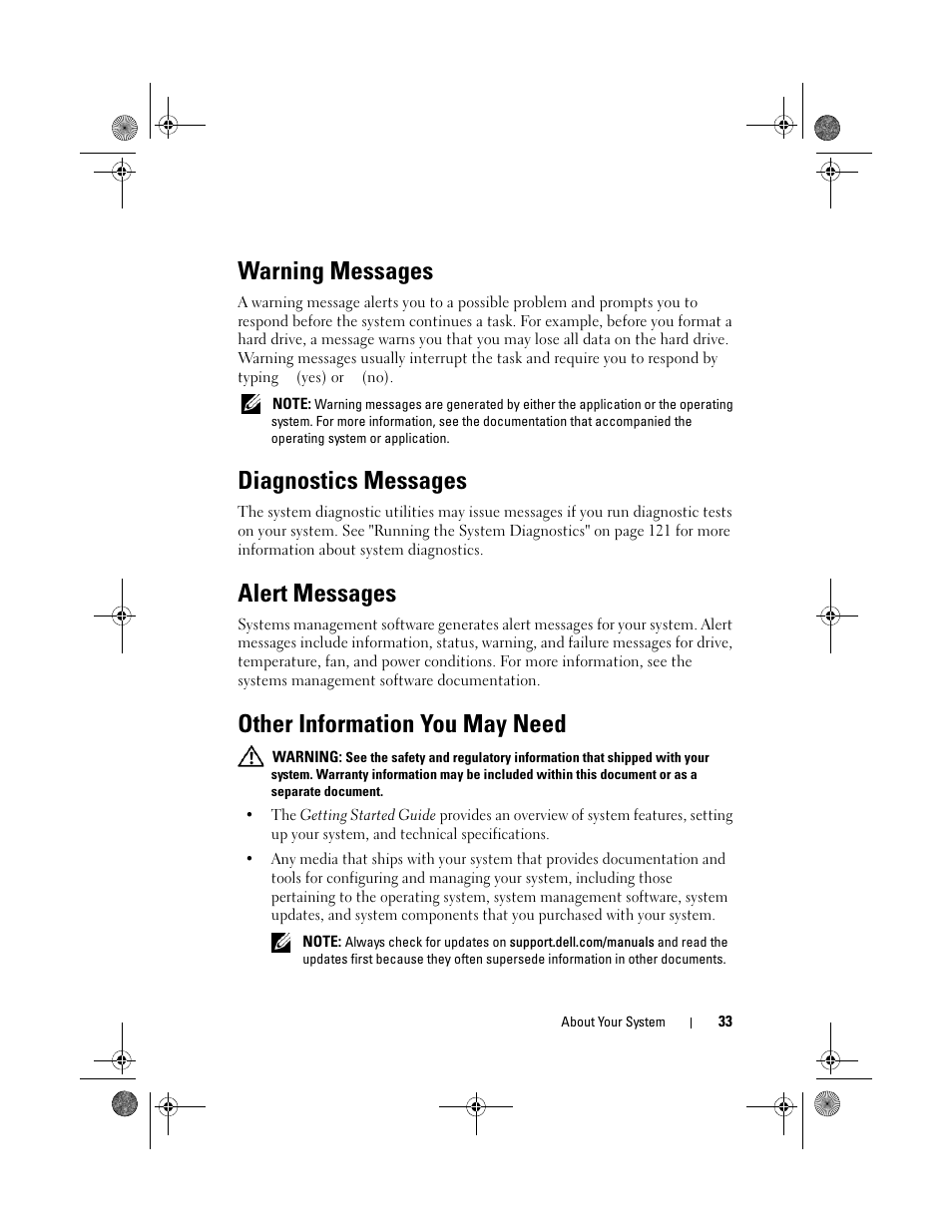 Warning messages, Diagnostics messages, Alert messages | Other information you may need | Dell PowerEdge T110 User Manual | Page 33 / 144