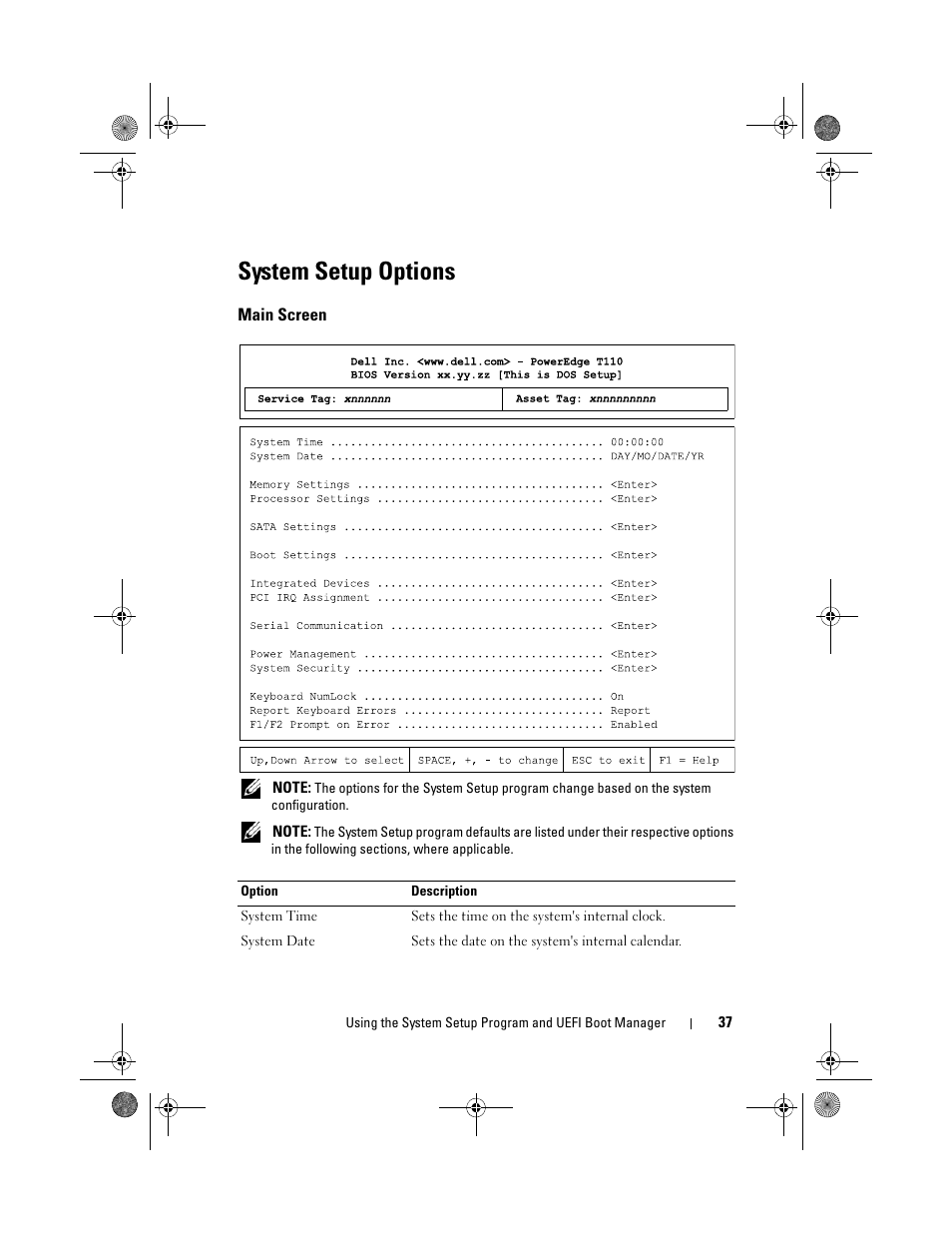 System setup options, Main screen | Dell PowerEdge T110 User Manual | Page 37 / 144