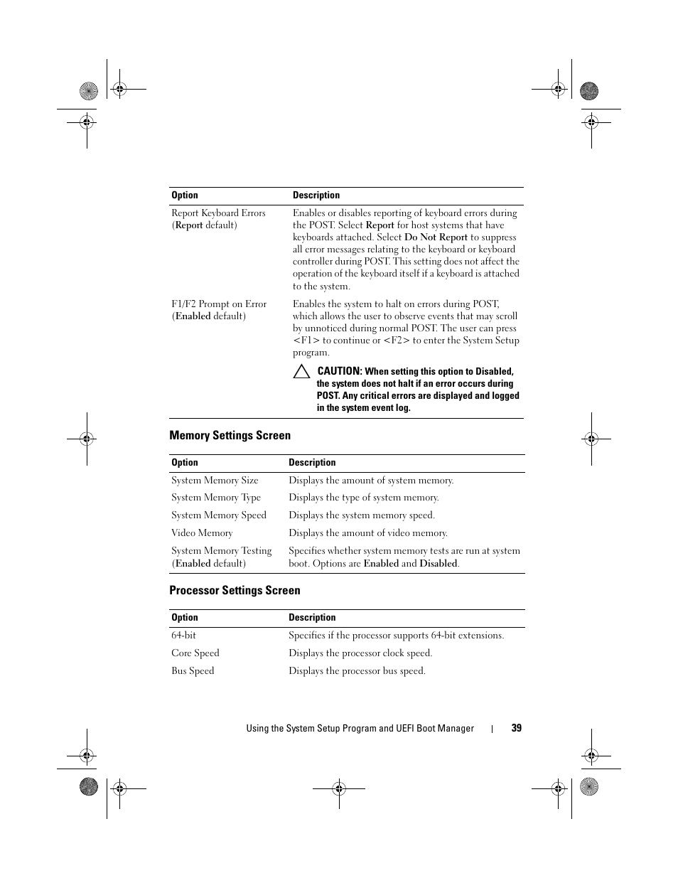 Memory settings screen, Processor settings screen | Dell PowerEdge T110 User Manual | Page 39 / 144