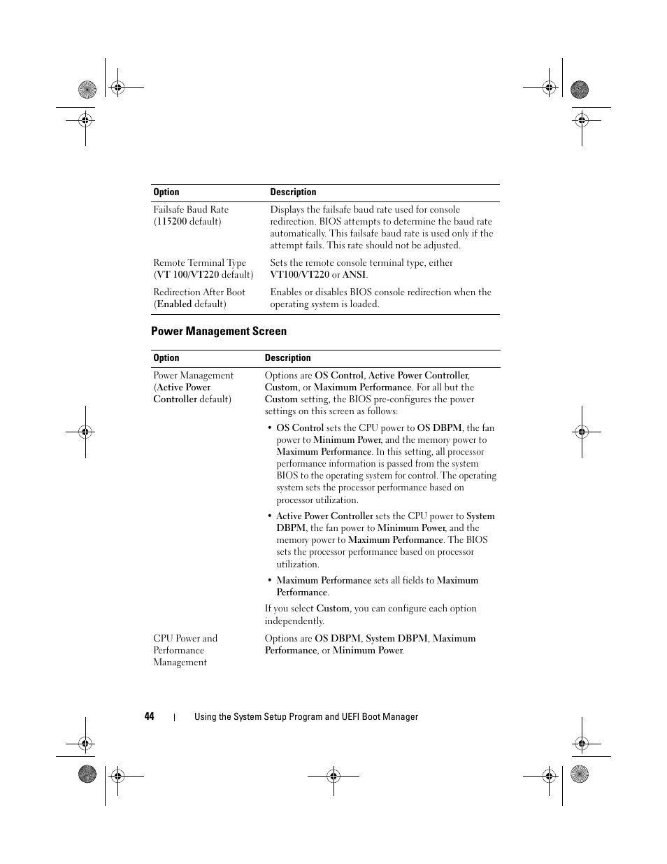 Power management screen | Dell PowerEdge T110 User Manual | Page 44 / 144
