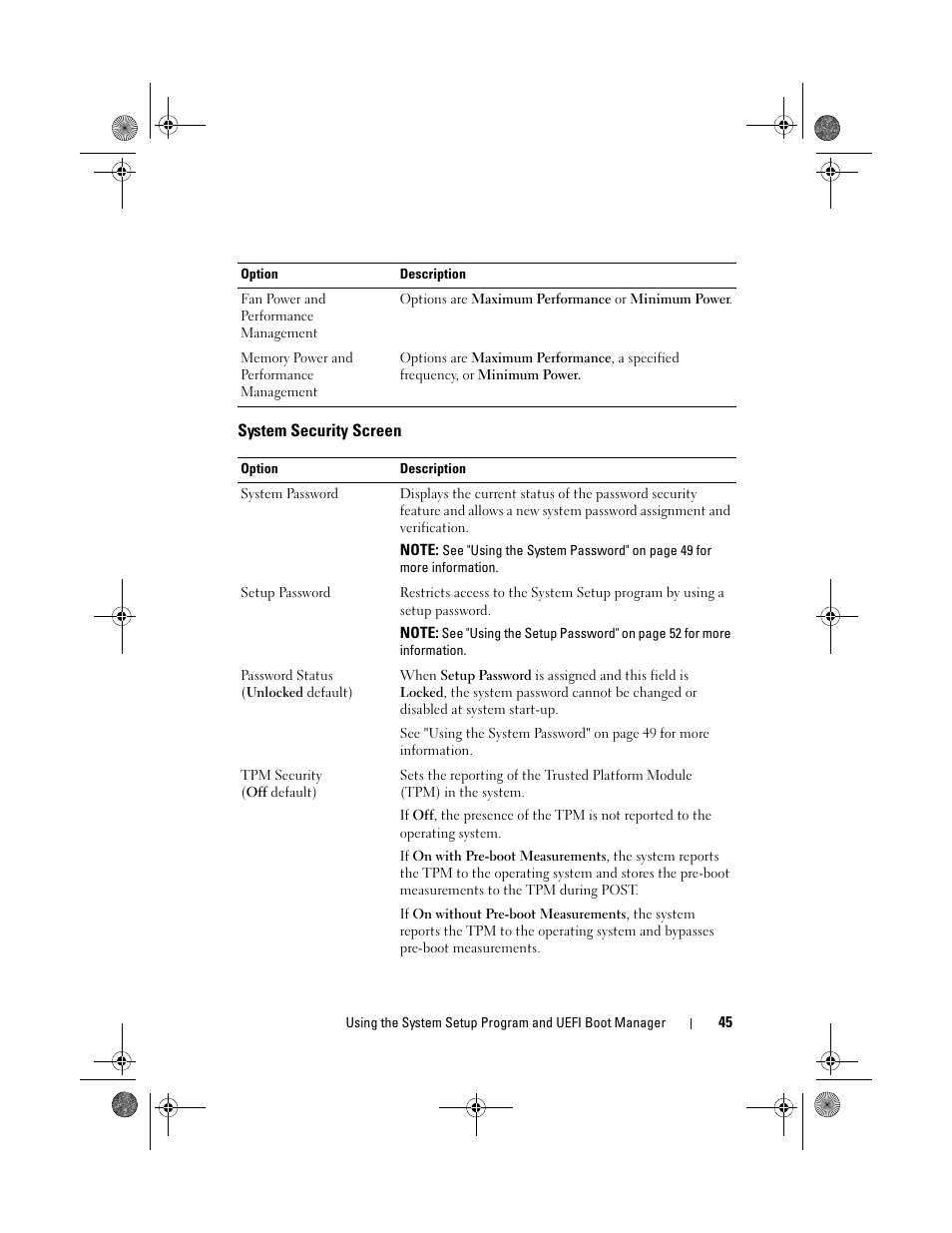 System security screen | Dell PowerEdge T110 User Manual | Page 45 / 144
