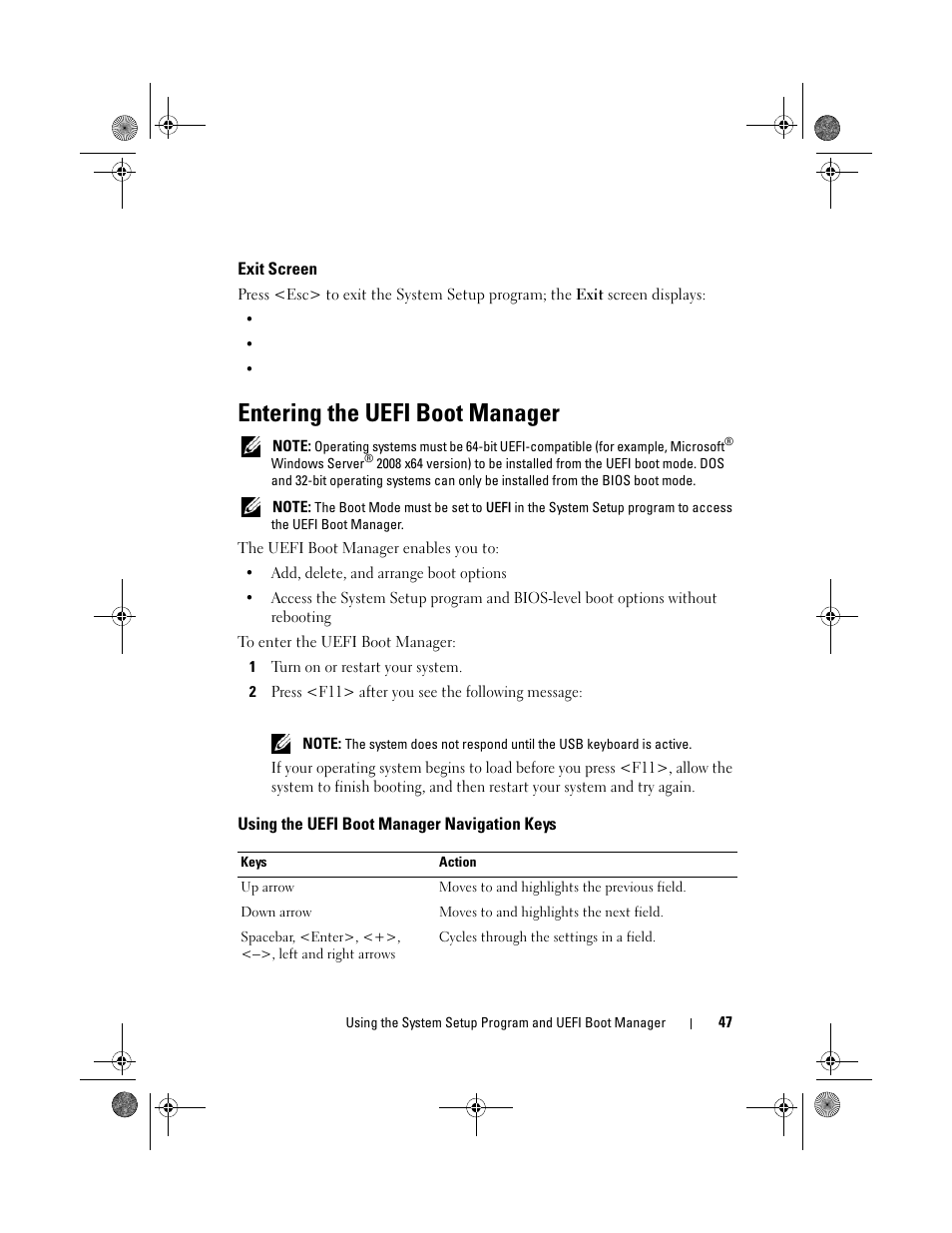 Exit screen, Entering the uefi boot manager, Using the uefi boot manager navigation keys | Dell PowerEdge T110 User Manual | Page 47 / 144