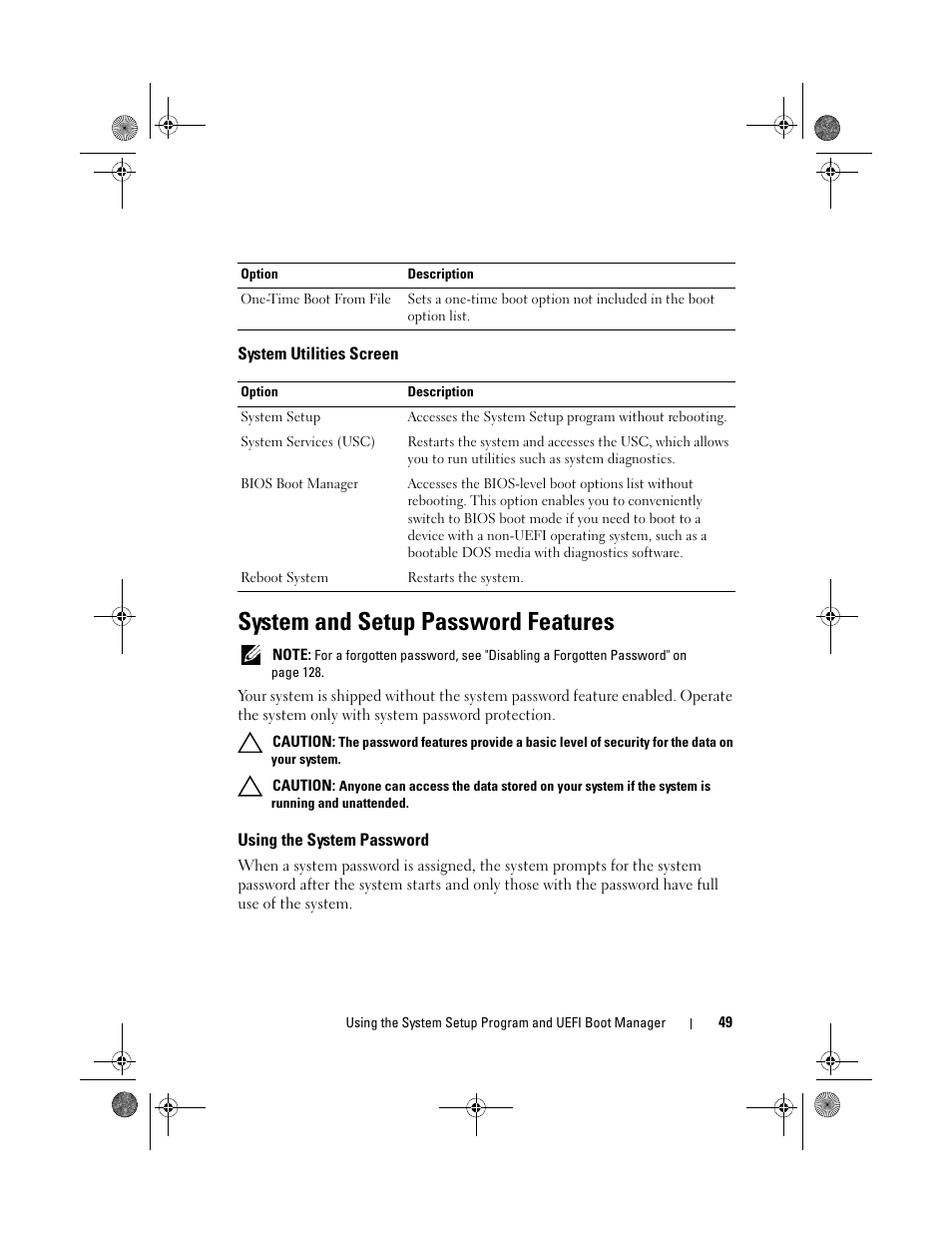 System utilities screen, System and setup password features, Using the system password | Dell PowerEdge T110 User Manual | Page 49 / 144